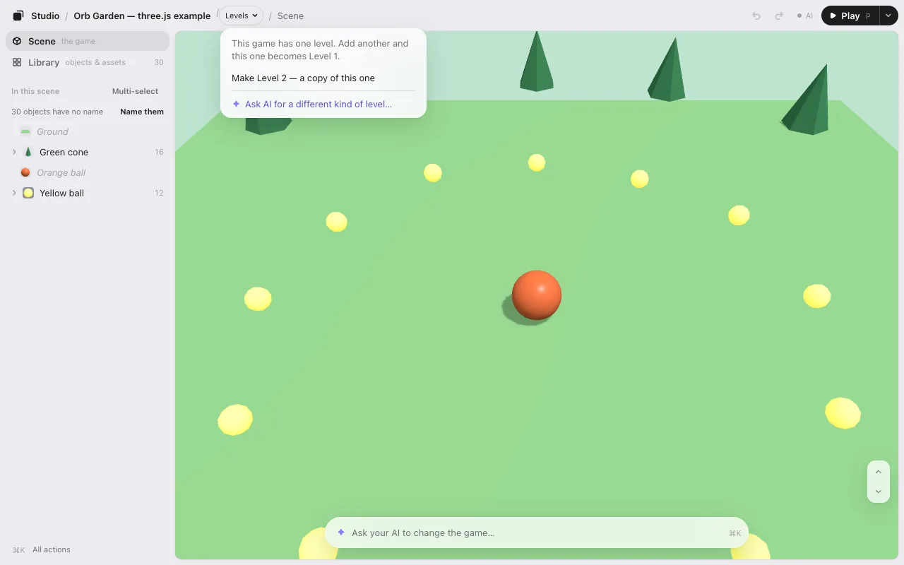 A game without levels: Level 1 ⌄ at the end of the path at the top, with its menu open: Level 1, New level, Duplicate
