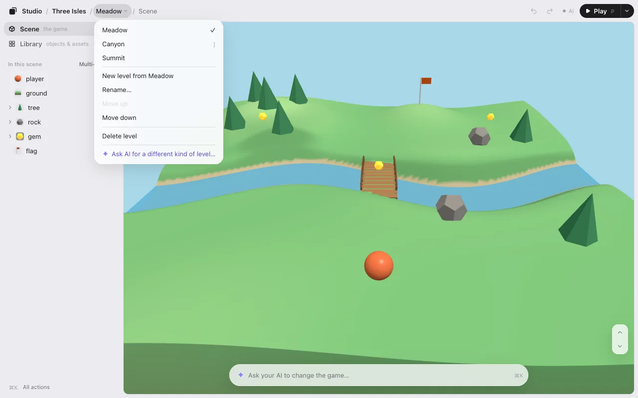 The path at the top, Studio / Three Isles / Scene / Meadow, with the levels menu open under Meadow: three levels, then New level, Duplicate, Rename, Move up, Move down, Delete level
