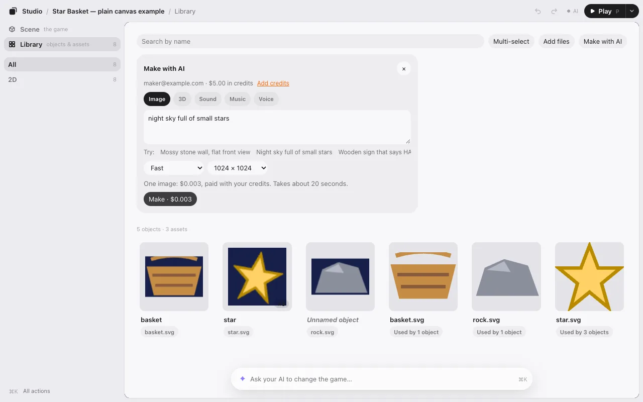 The Make with AI form: what to make, the choices, and the price on the button