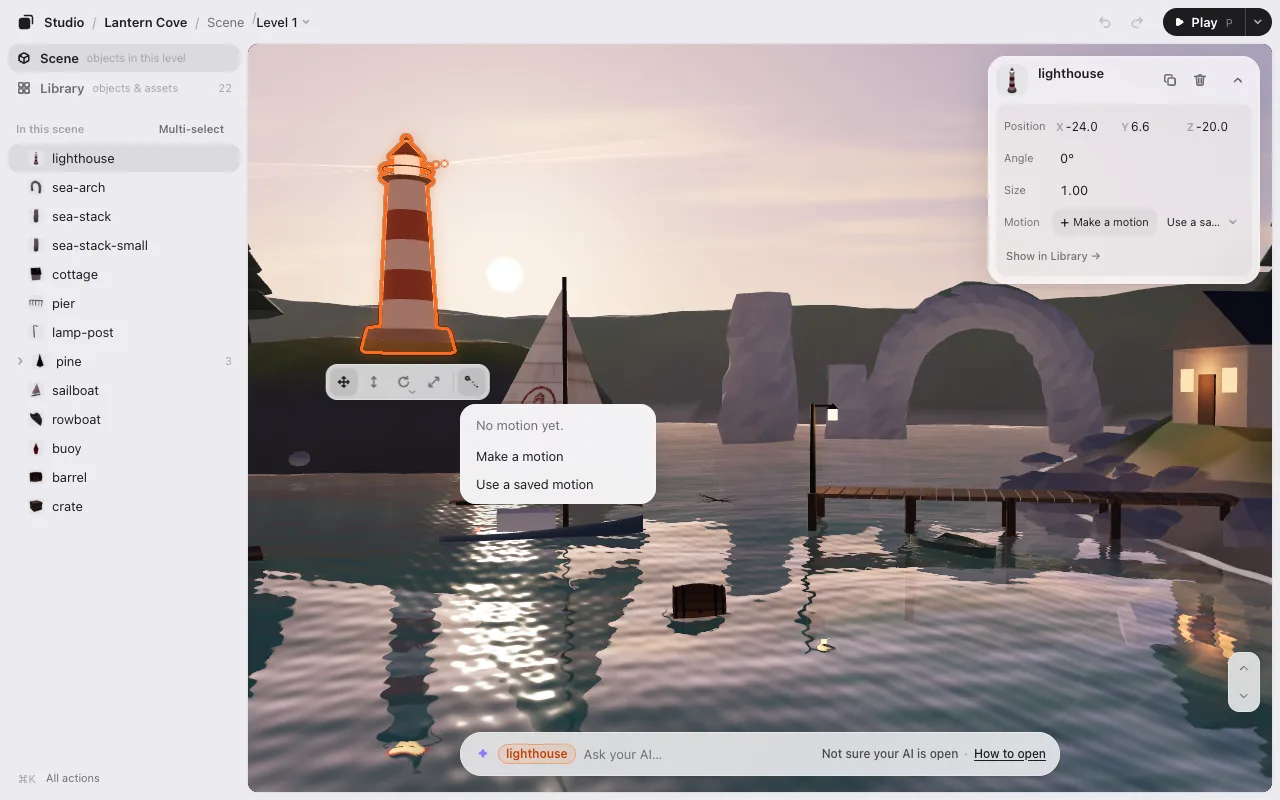 The Motion button in the tool strip, with its menu: Make a motion, and Use a saved motion