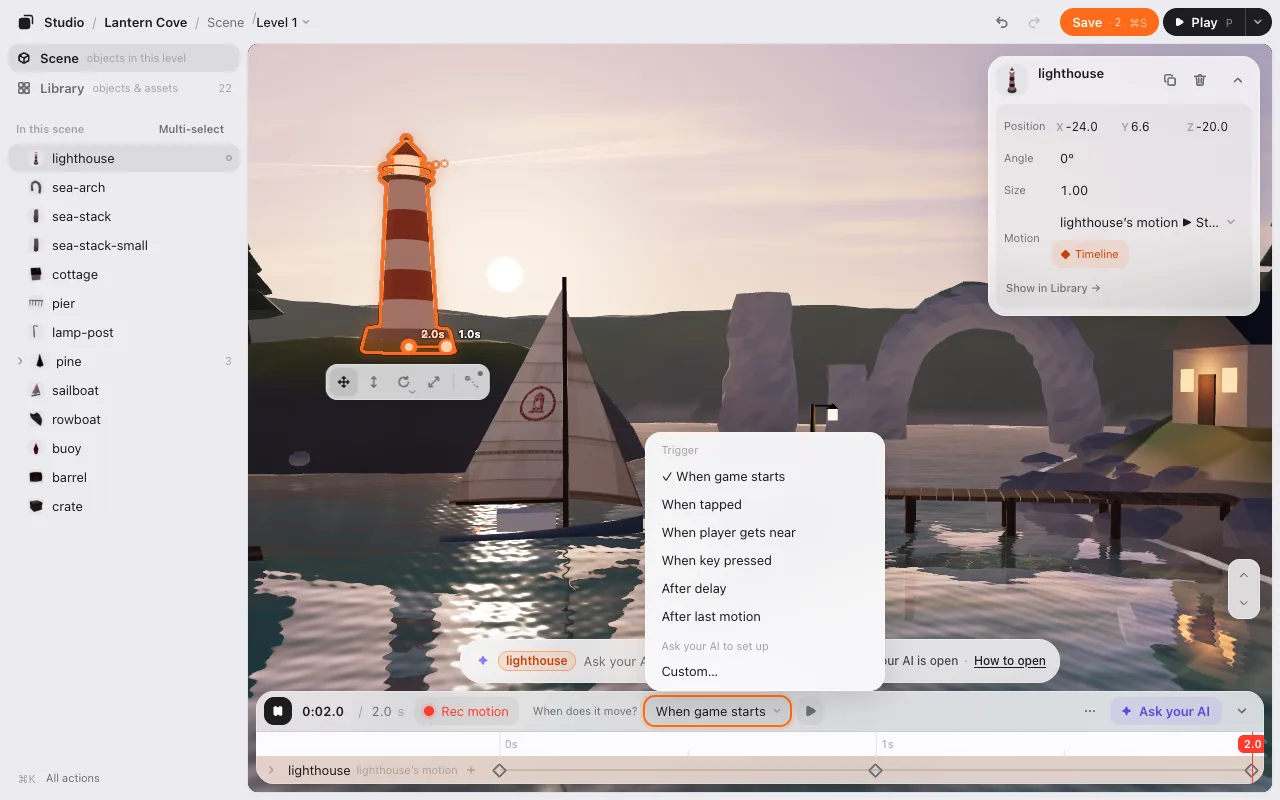 The When menu: Trigger, then Ask your AI to set up