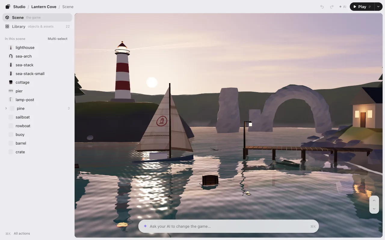 The editor on the Lantern Cove sample: the Scene list on the left, the game in the middle, the box for your AI at the bottom