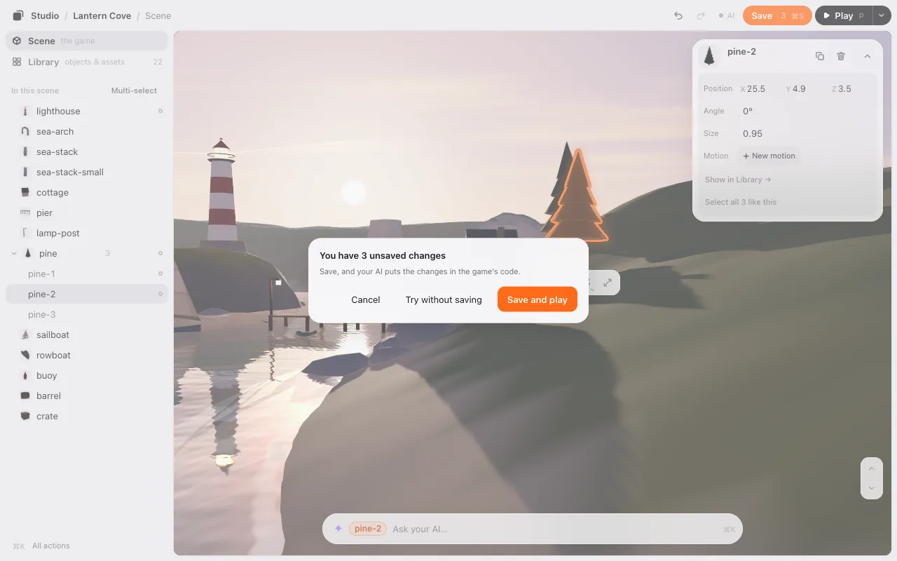 The window at Play: You have 3 unsaved changes, with Cancel, Try without saving, and Save and play