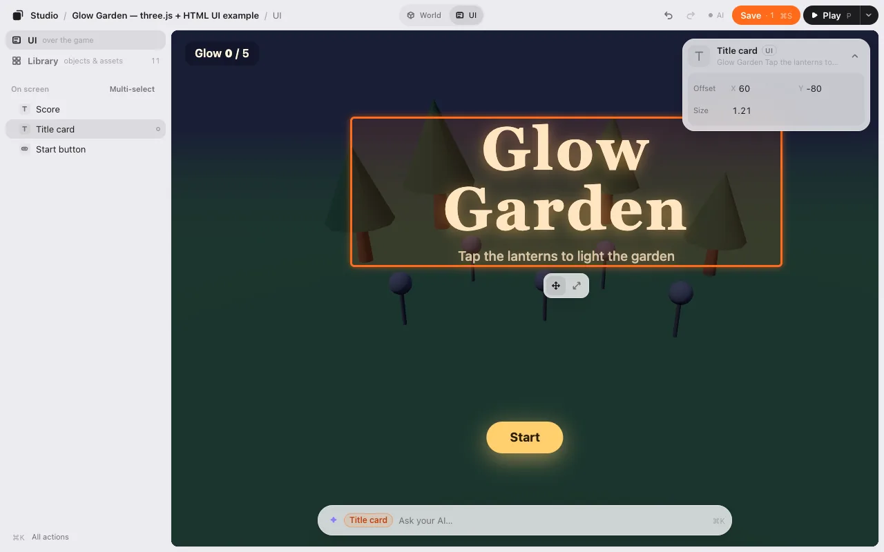 The UI layer: the title card selected and moved, the world dimmed behind it
