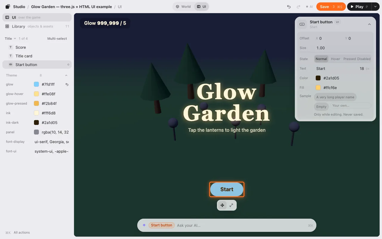Theme open under the list, the glow color changed: the Start button follows